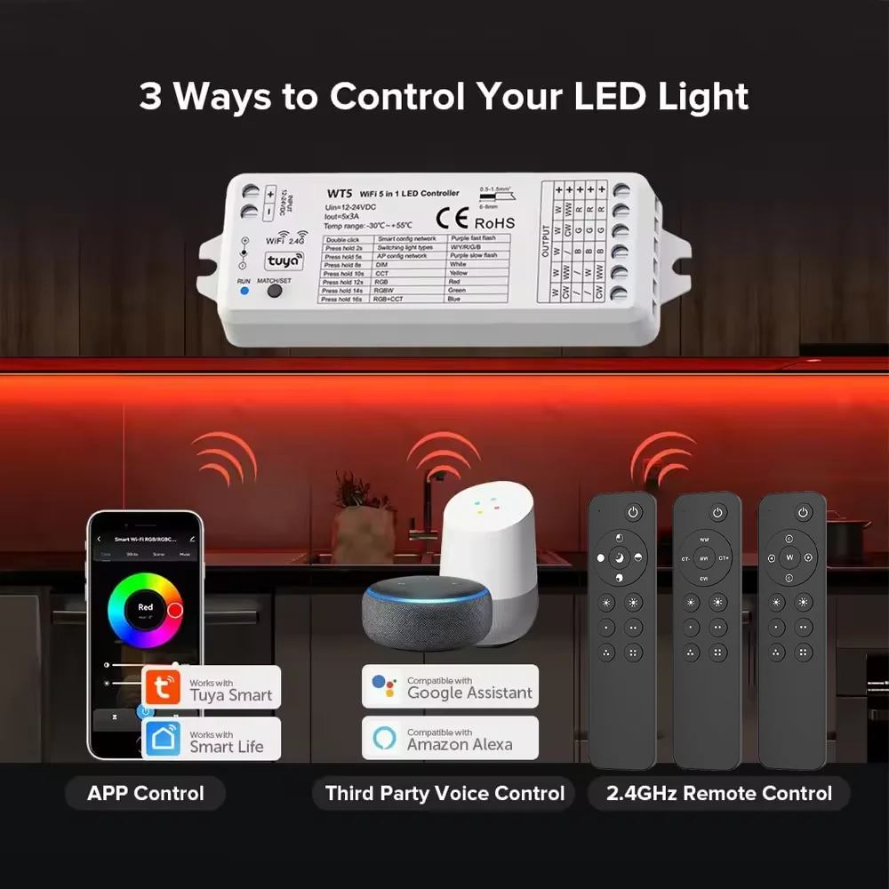 WT5 Tuya Smart Life LED Controller 12V 24V 5in1 RGBCCT LED Strip Light Controler 1 Zone/4 Zones 12-Key Remote for Alexa Google
