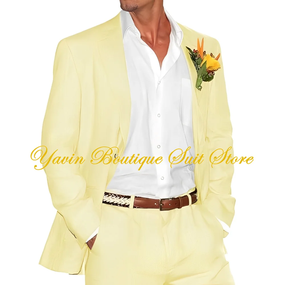 Completo da uomo in lino 2 pezzi Slim Fit per uomo Summer Beach Wedding Groom giacca di lino Set di pantaloni di lino