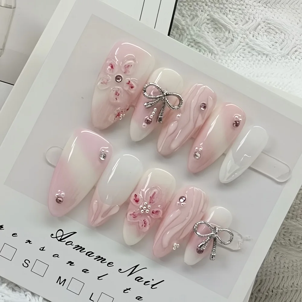 Press on Nails 10Pcs Manicure Handmade Art Medium Almond Pattern Fake Nails Cute 3D Bowknot Style Design Nail with Set