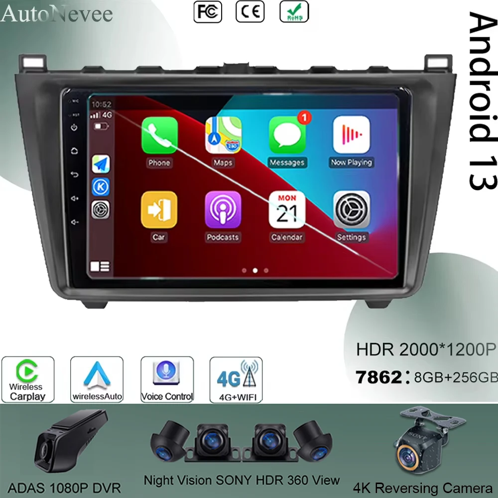 

Android 13 для Mazda 6 Rui Wing 2008-2014, правый руль, Авторадио, Carplay, экран, ТВ-навигация, GPS, стерео, 2din, для автомобиля