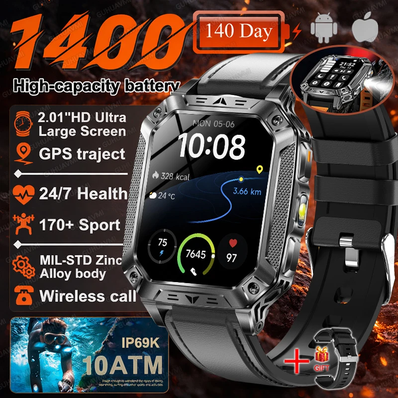 2026 Nieuwe 1400mAh Batterij Smart Watch GPS-pad Bluetooth Oproep 10ATM Waterdicht Zwemmen Sport Hardlopen Wandelen Buiten Militaire Smartwatch