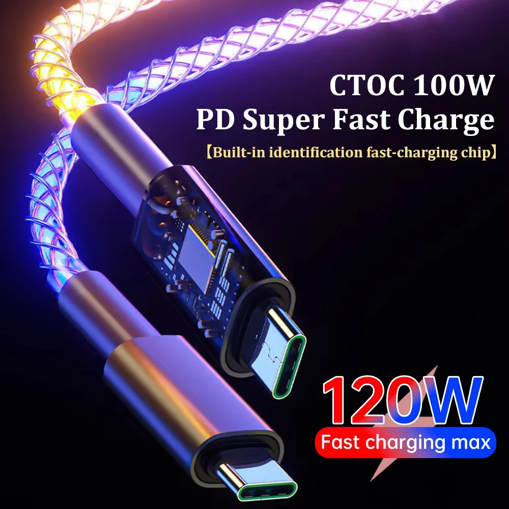 Wholesale 40 Pcs PD 66W RGB Color Light Type C Fast Charging Data Cable For Xiaomi Redmi Samsung Huawei OPPO USB C Charge Cord