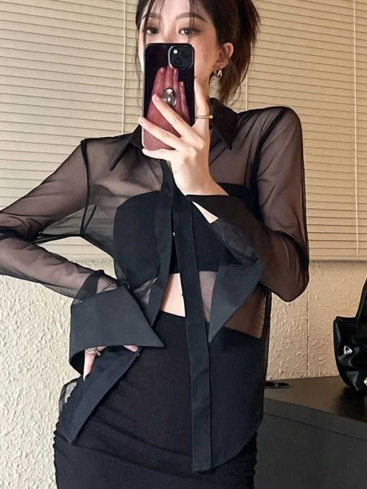 

Temperament Ladies Tops Blouses for Women Long Sleeve Slim Shirt Perspectivity WBlack Blusas De Mujer Sexy Fashion Shirts