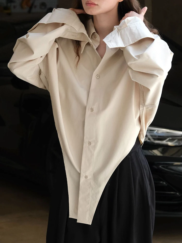 [EAM] Women Khaki Irregular Hem Big Size Casual Blouse New Lapel Long Sleeve Shirt Fashion Tide Spring Autumn 2024 1DH6723