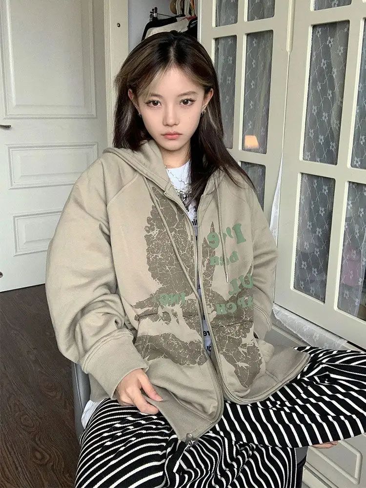 

Onalippa 2025 New Printed Street Graffiti Autumn Design Loose Zipper Jacket American Retro Cardigan Hooded Sweatshirt Top Women