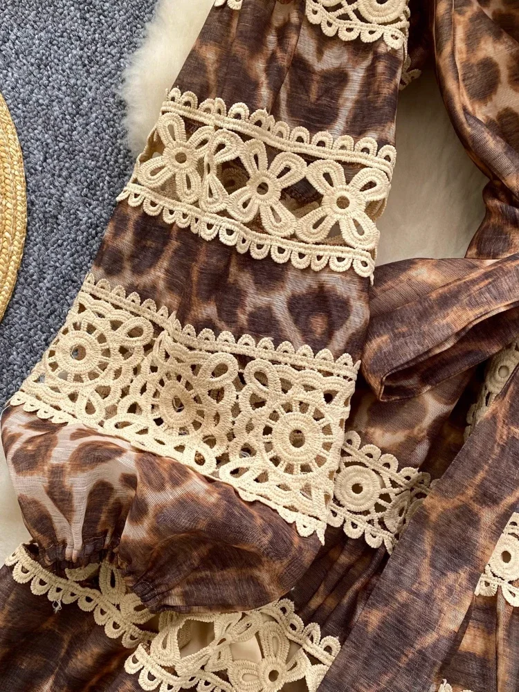 France Elegant Vintage Palace Evening Dress Women Hollow Lace Leopard Short Party Dress Female Casual Chic High End Clothing New