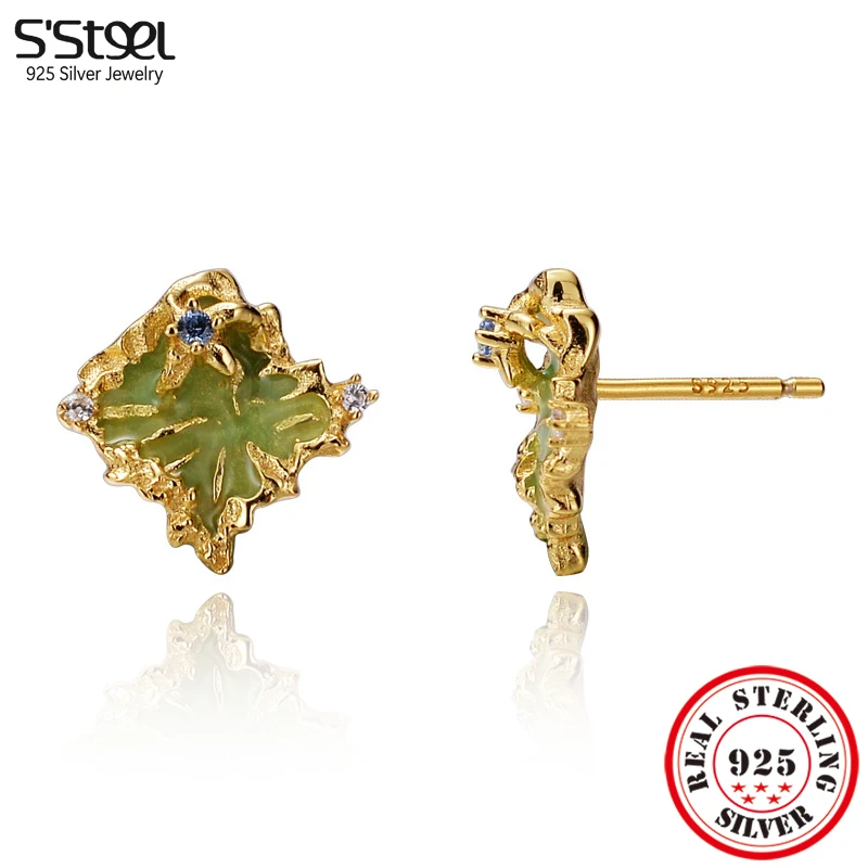 

S'STEEL Sterling Silver 925 Zircon Enamel Stud Earrings Women's Korean Luxury Designer Bridal Gold Earing Promise Fine Jewelry