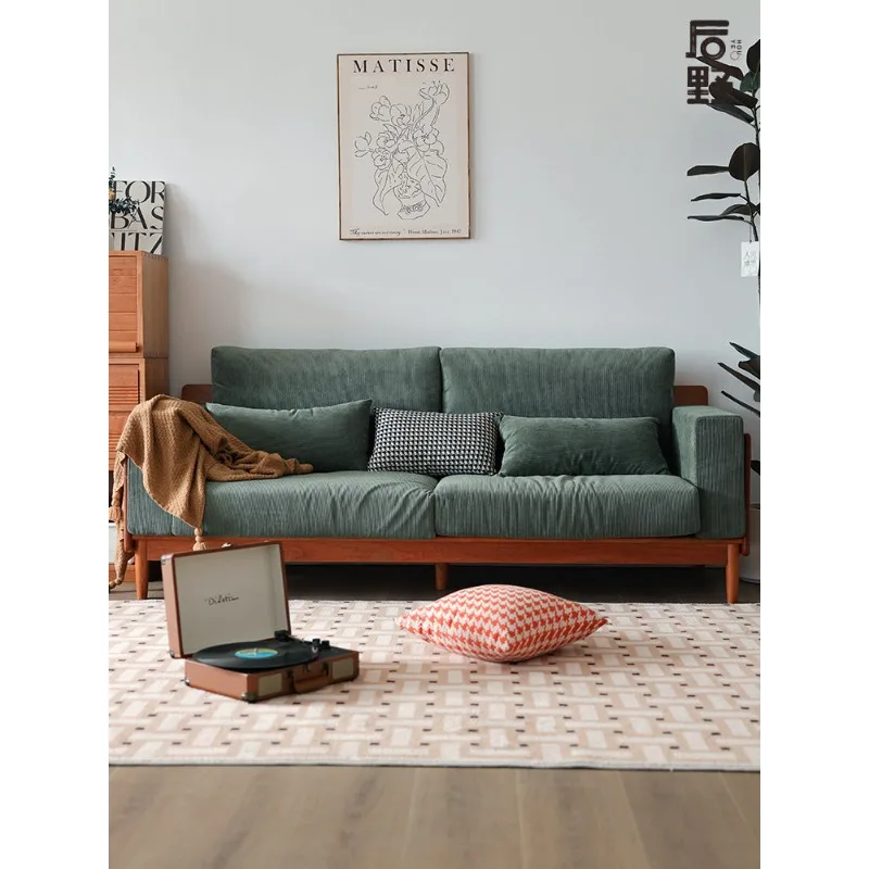 Cherry solid wood fabric sofa, corduroy three-person sofa
