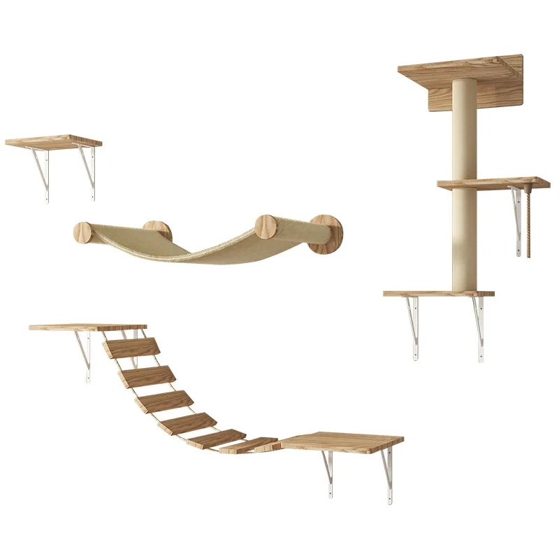 

High Quality Set of 4 Furniture Set Solid Wood Wall Mounted Carpet-Covered Cat Shelves and Perches for Wall