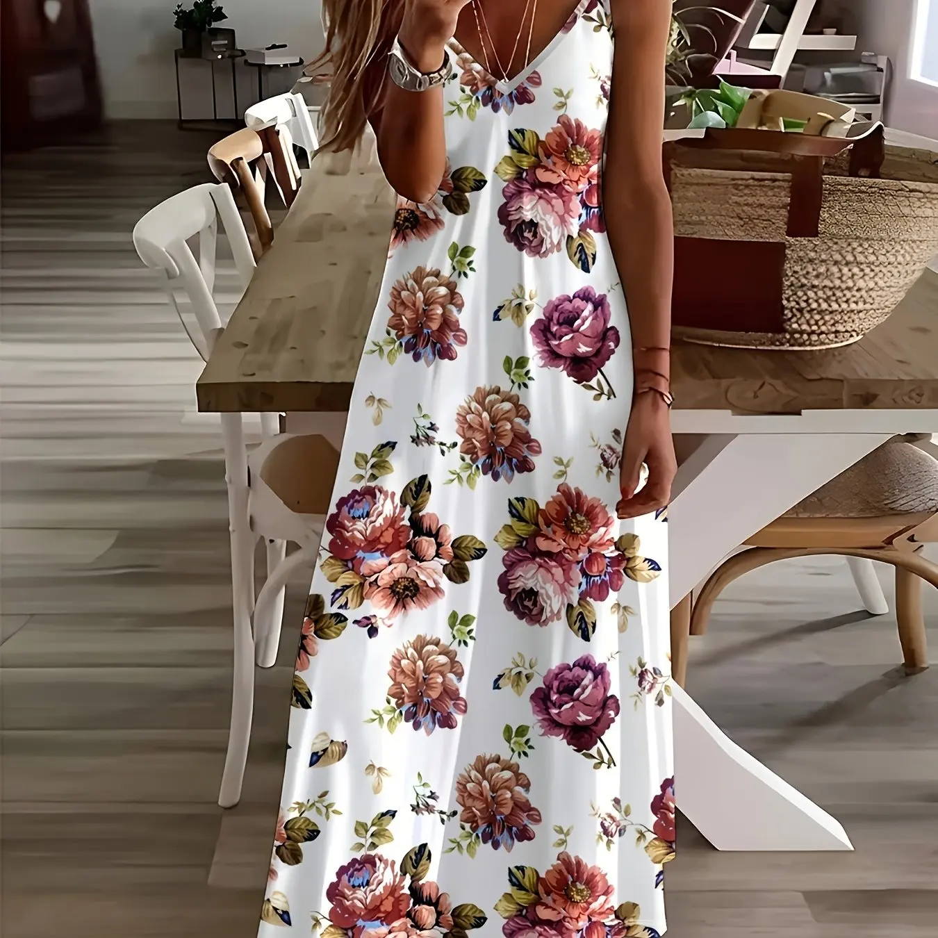 Women\'s Casual Fashion Loose V Neck Spaghetti Strap Dress Simple Flower Print Maxi Dress Summer Beach Vacation Maxi Dress
