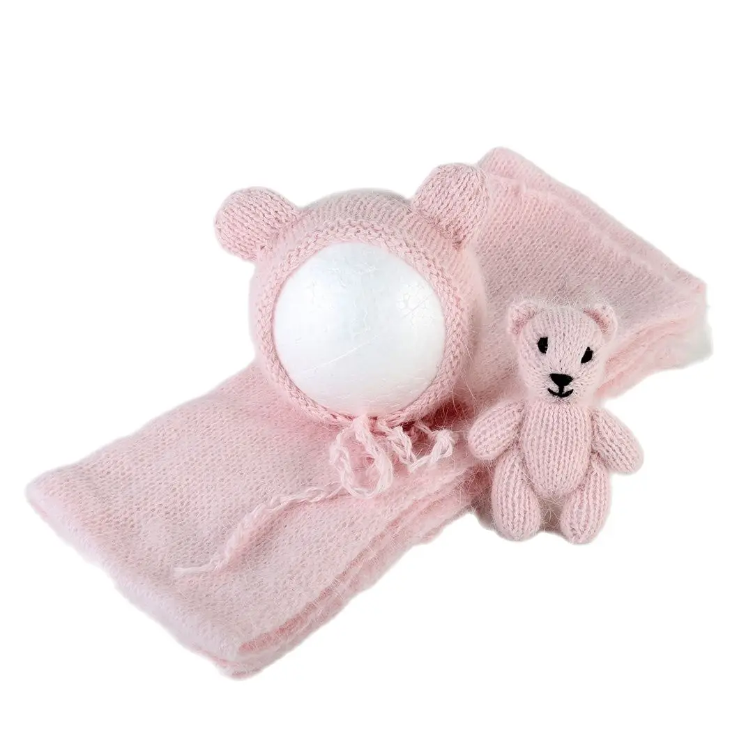 Angora – ensemble de tricot extensible pour nouveau-né, gris clair, avec Bonnet, ours en peluche, jouet, accessoires de photographie, pull Vintage pour bébé, chapeau