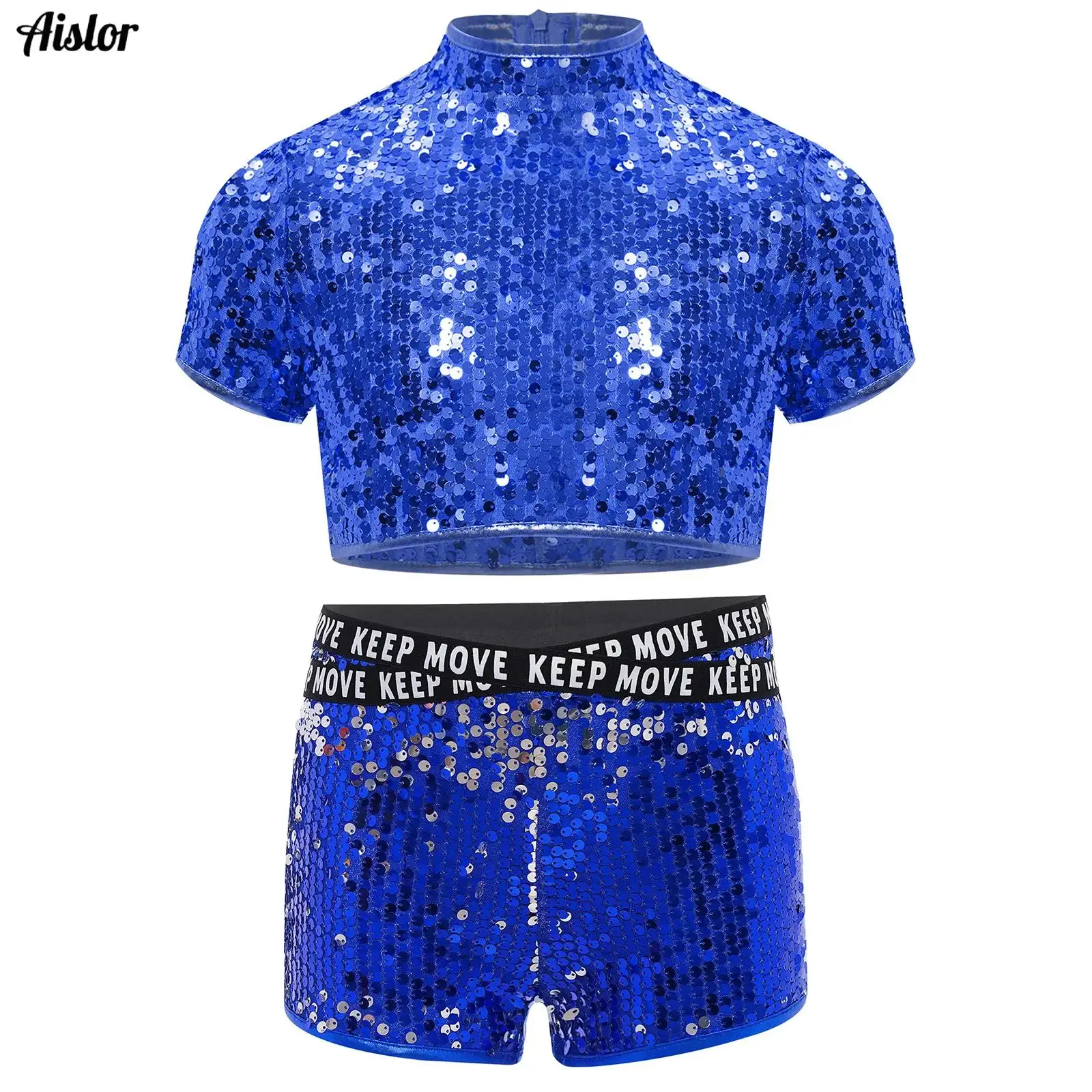

2Pcs Kids Girls Cheerleading Jazz Dance Outfit Short Sleeve Sparkly Sequins Crop Top Shirt+Booty Shorts for Hip-hop Streetwear