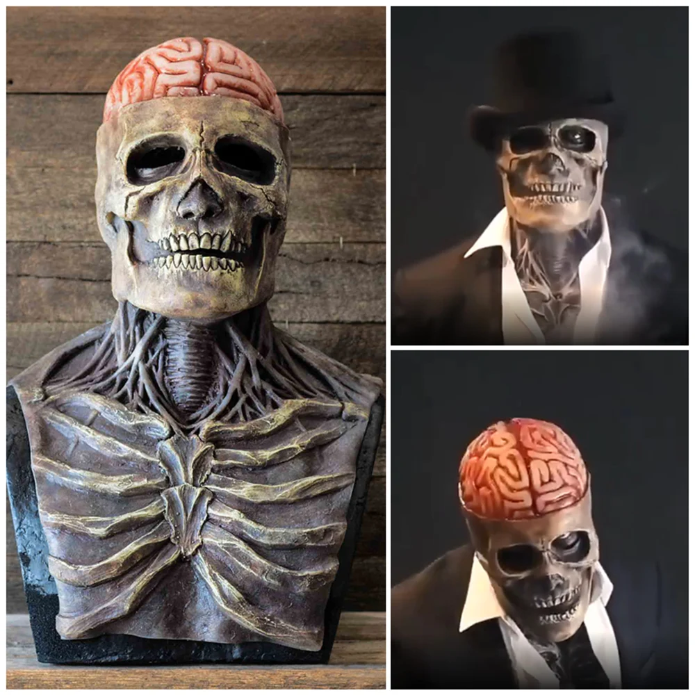 Máscara de cabeza de calavera de cara completa para Halloween, esqueleto de mandíbula móvil Horrible, máscaras de látex, sombreros negros, accesorios de Cosplay para Halloween