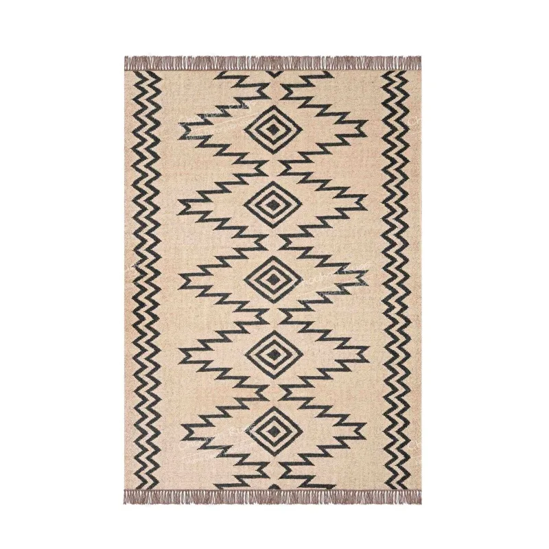 Handwoven Wool Jute Off White Kilim Rug with Black Design Rug for Living Room