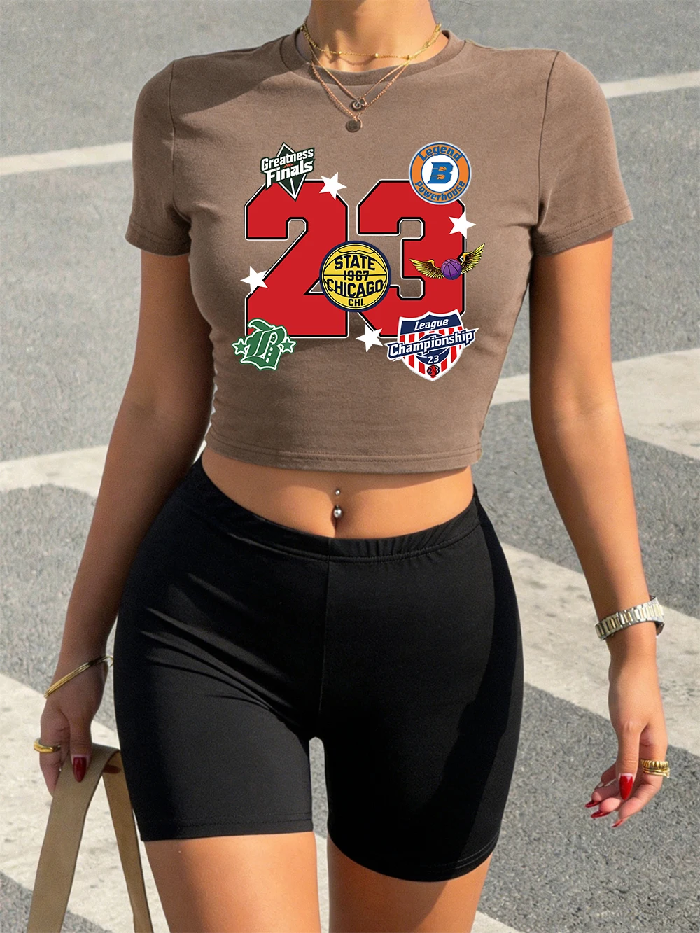 

Summer State Chicago 1967 Prints Crop Tops Shorts Womans Two Pieces Set T-Shirts Pants Soft Slim O-Neck High Elastic Clothes