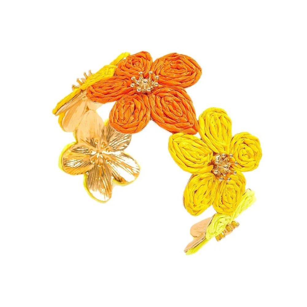 กำไลข้อมือหญ้าราฟเฟียสีสันสไตล์เรโทร กำไลดอกไม้สานรูปตัว C สไตล์วินเทจ แหวนโลหะผสมแฟชั่น ของขวัญ