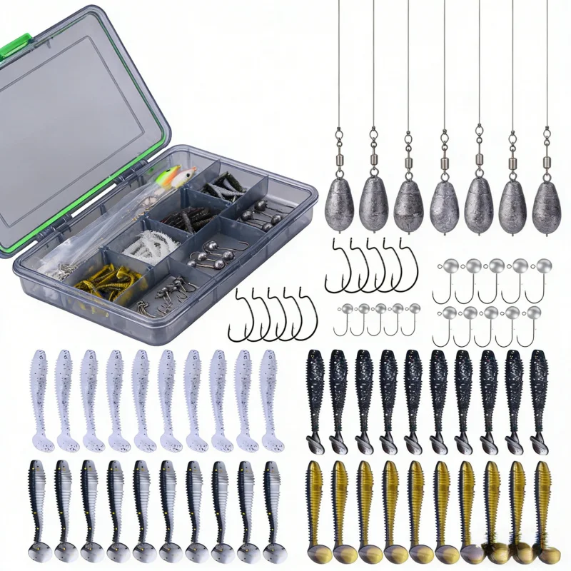 

Набор приманок, 62 шт., комбинированный крючок с мягкой приманкой и свинцовой головкой для морской рыбалки и пресной воды, универсальный для мандариновой рыбы, окуня и