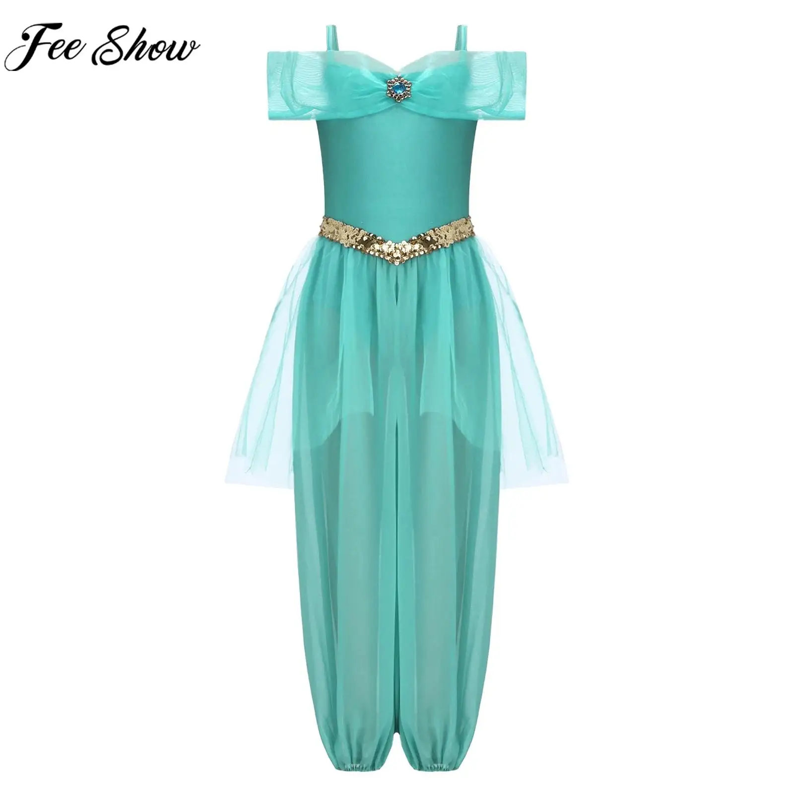 

Kids Girls Arabian Jasmine Princess Cosplay Costume Sequin Mesh Overlay Jumpsuit Belly Dance Bodysuit for Halloween Carnival