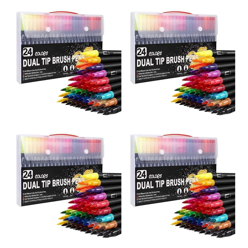 A48R-4X Colouring Pens 24 Colours Dual Brush Pens Felt Tip Pens Art Markers Drawing, Painting, Calligraphy, Colouring Books