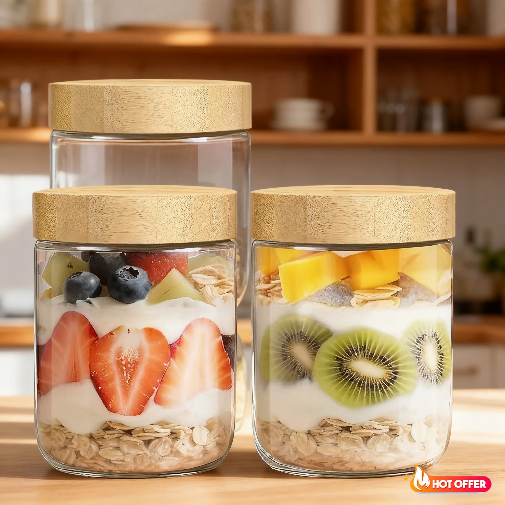 Frascos con tapa hermética, contenedor de avena nocturna de 300/500/750ml con tapas de bambú, tarros de vidrio para almacenamiento de aperitivos, tarros para ensalada, yogur, vidrio de azúcar