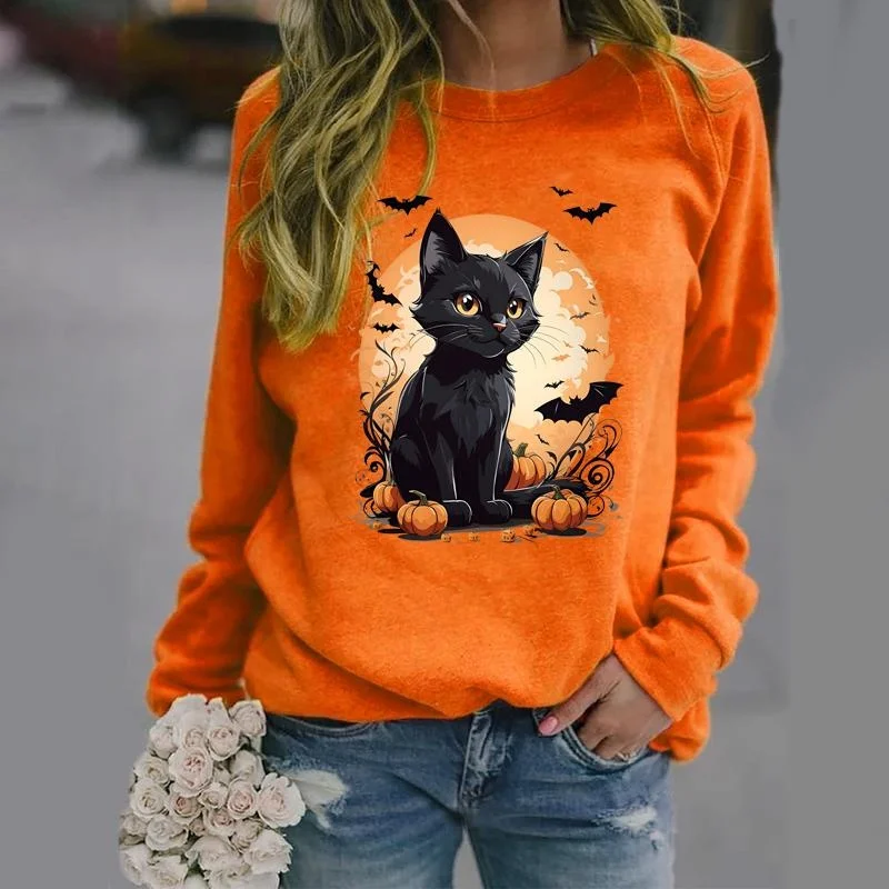 Women\'s Fashion Halloween Cat Bat Pumpkin Print Round Neck Sweater Fall Long Sleeve Women\'s Sweatshirt Cute Cat Top