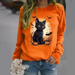 Women's Fashion Halloween Cat Bat Pumpkin Print Round Neck Sweater Fall Long Sleeve Women's Sweatshirt Cute Cat Top