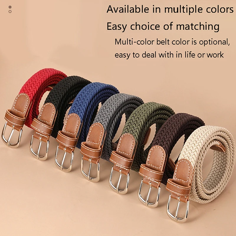 1Pc Fashion Belt Woven Canvas Belt Metal Buckle Men Women Elastic Braided Belt Punch Free