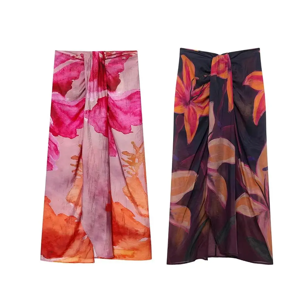

KONDALA винтажная женская юбка с праздничным принтом и цветочным разрезом, длинная плиссированная модная пляжная шикарная повседневная асимметричная сексуальная юбка на шнуровке 2025 года