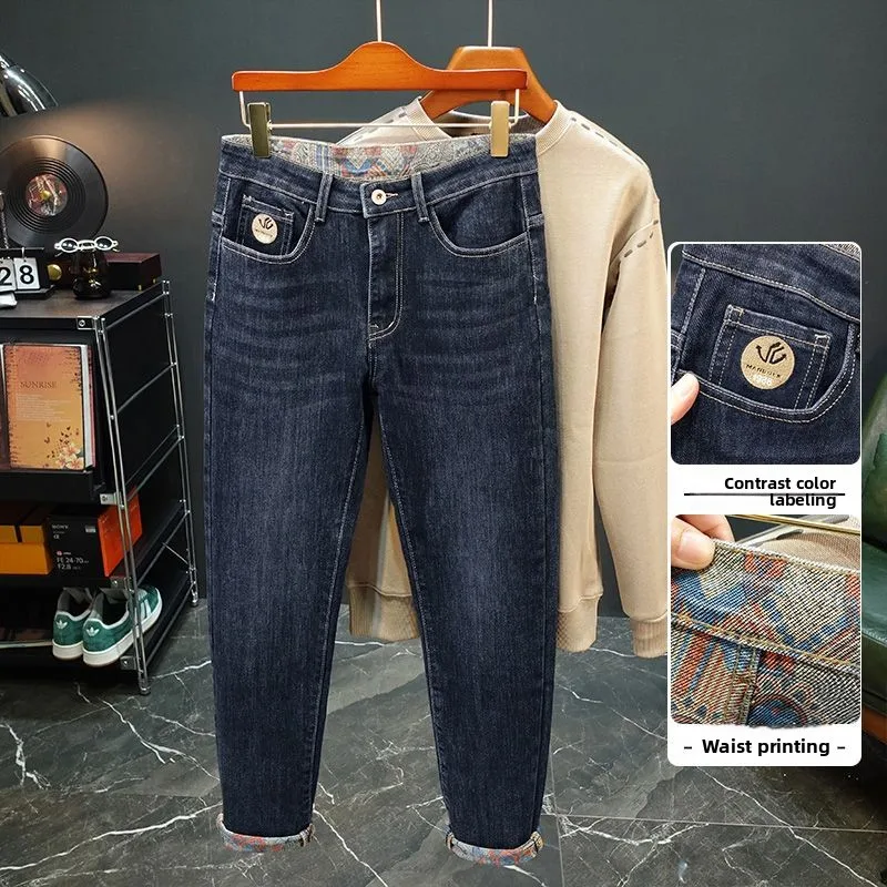 ใหม่เย็บปักถักร้อยแฟชั่นกางเกงยีนส์ตรงผู้ชายยืดสีดำสีฟ้า SLIM FIT กางเกงสบายธุรกิจกางเกงยีนส์ผู้ชายเสื้อผ้า