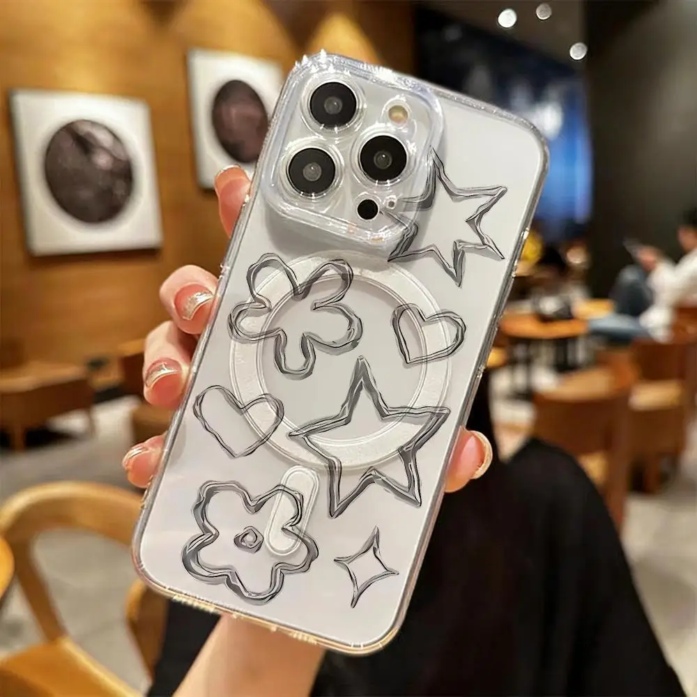 Silver Chrome Outline Shapes Phone Case For IPhone18 17 16 15 14 13 12 Pro Max Plus Magnetic Crystal Clear Case Wireless Charge view 2