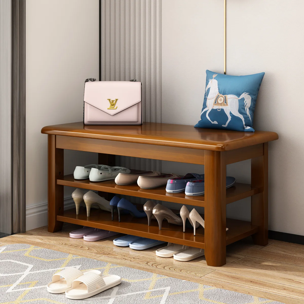 

полка для обуви с табуретом для смены обуви, небольшой размер, все из массива дерева можно сидеть в дом, вход в дверь и носить обувь в дом.