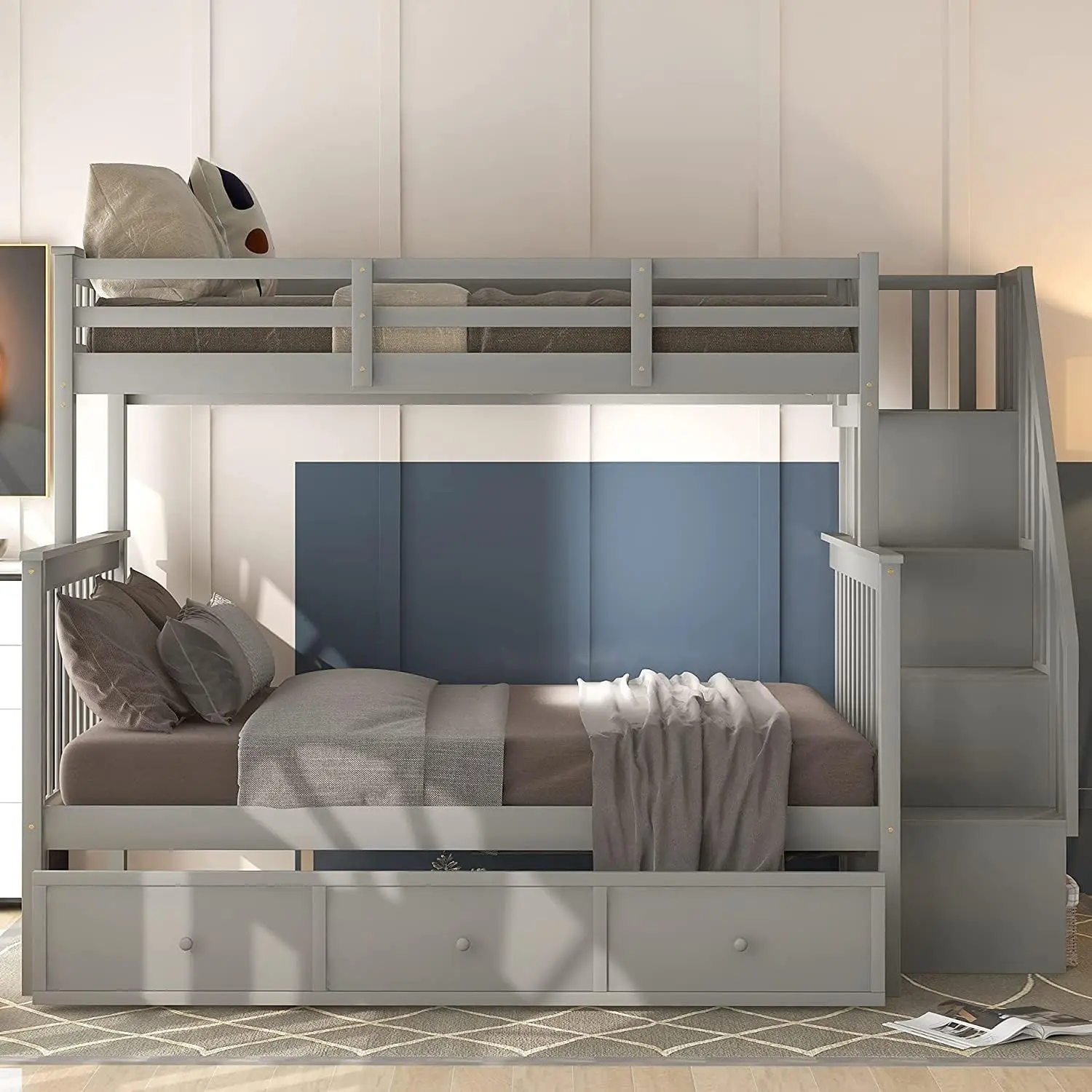 Wood Twin Over Full Bunk Bed with Drawers & Storage Staircase, Convertible to 2 Beds, Space Saving, Gray, Custom