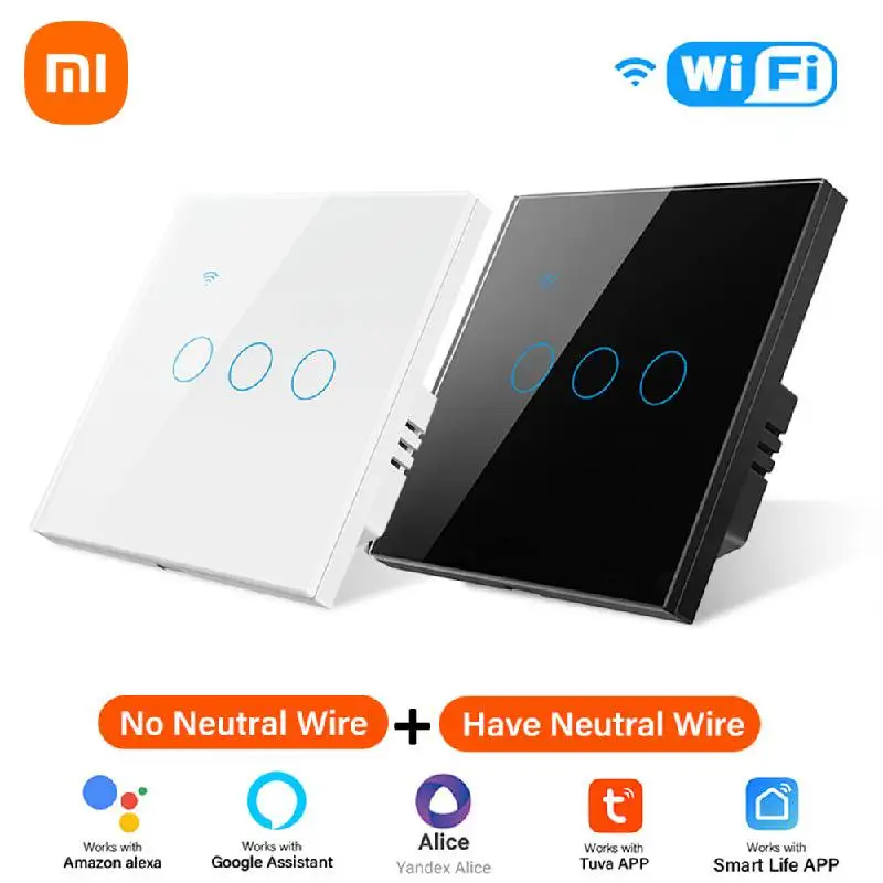 Xiaomi-Tuya WiFi Smart Touch Switch, Botão Home Wall, EU 1, 2, 3, 4 Gang Light Switch, Smart Life App, Alexa, Google Home, Alice