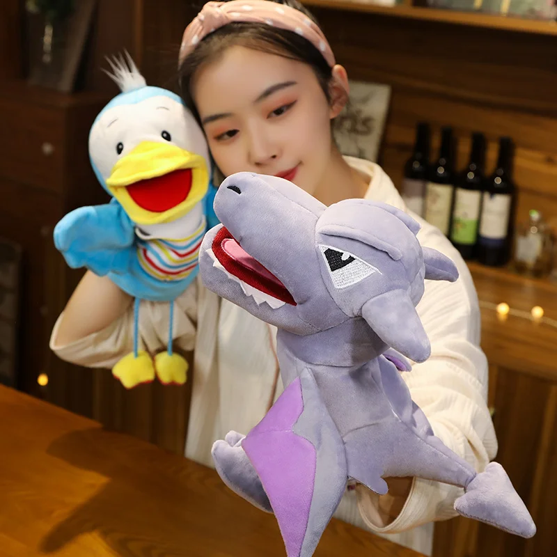 28 cm vier cartoon dieren pluche marionet eend ijsbeer luipaard dinosaurus vertellen verhaal interactieve knuffel prop cadeau