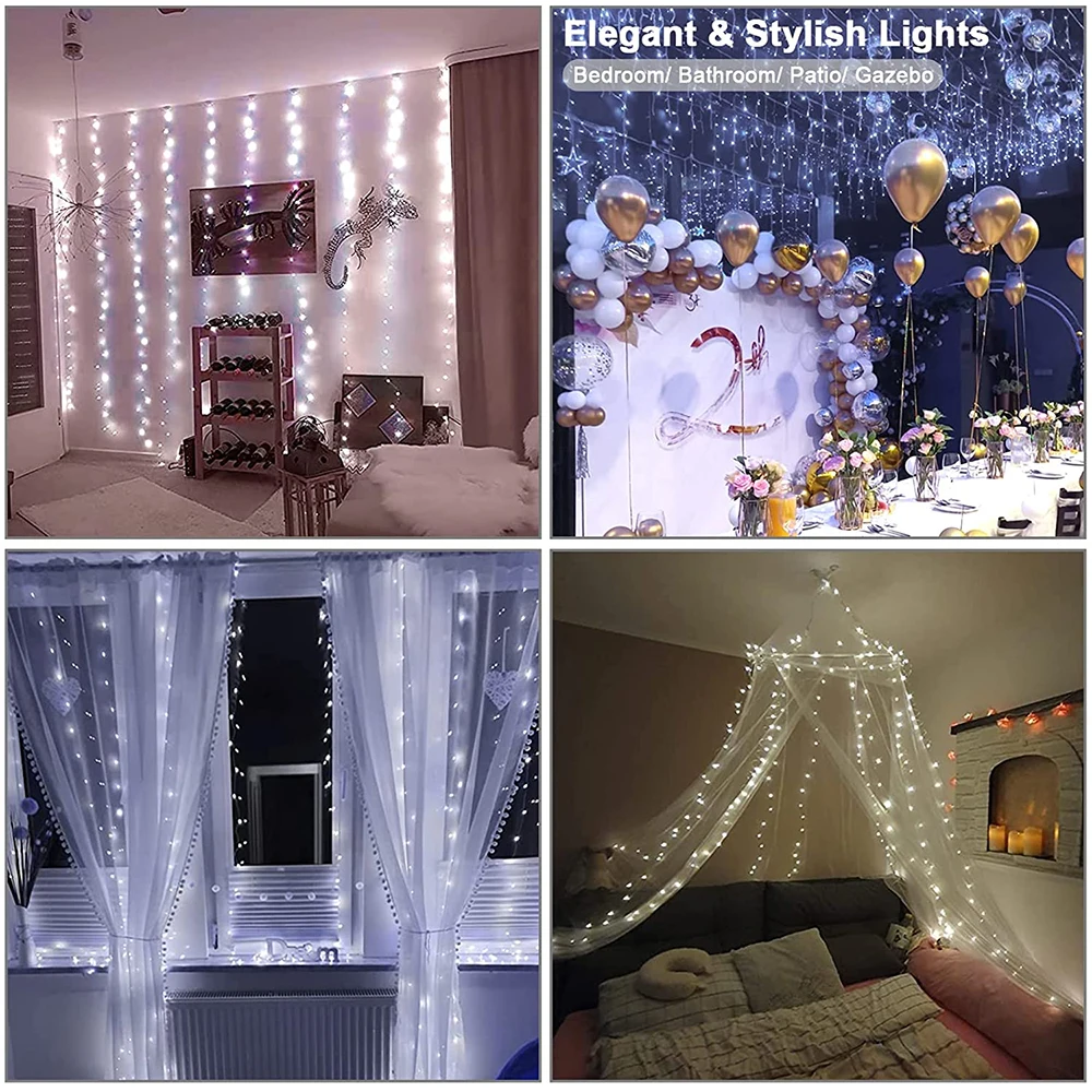 Luzes de Cortina de Janela com Controle Remoto, USB, 8 Modos, Guirlanda para o Natal, Festa de Casamento, Feriados, Decoração do Quarto, 3m