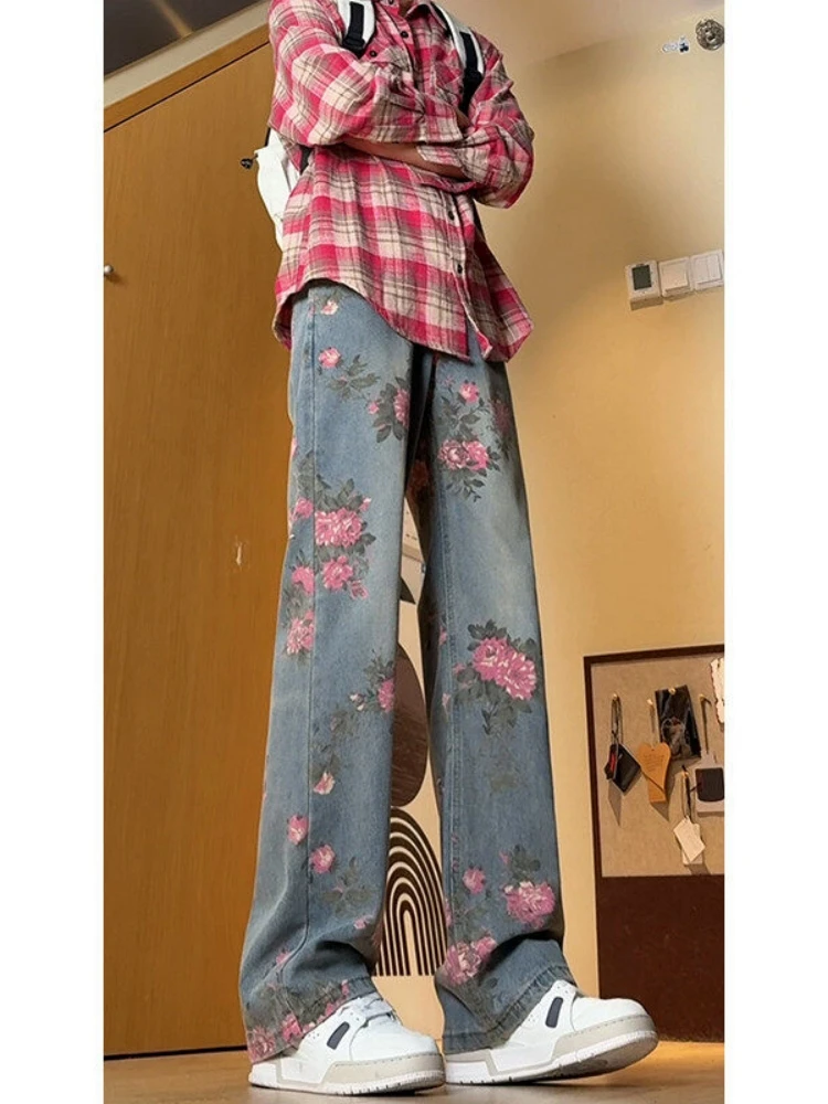 

American Loose Printed Men's Jeans Summer Retro High Street Long Pants Trendy Casual Flared Thin Cotton Polyester Blend