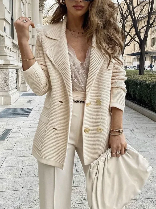 

Jackets for Women 2024 Spring Autumn Fashion Textured Double Breasted Solid Color Elegant Notch Collar Long Sleeve Jacket Coat