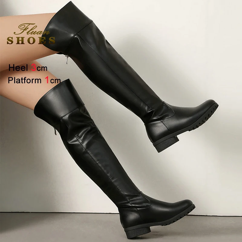 

2025 New Autumn Winter Black Women's Knight Boots Chunk Low Heels 3cm Over-the Knee High Boots Round Toe Back Zipper Long Boots