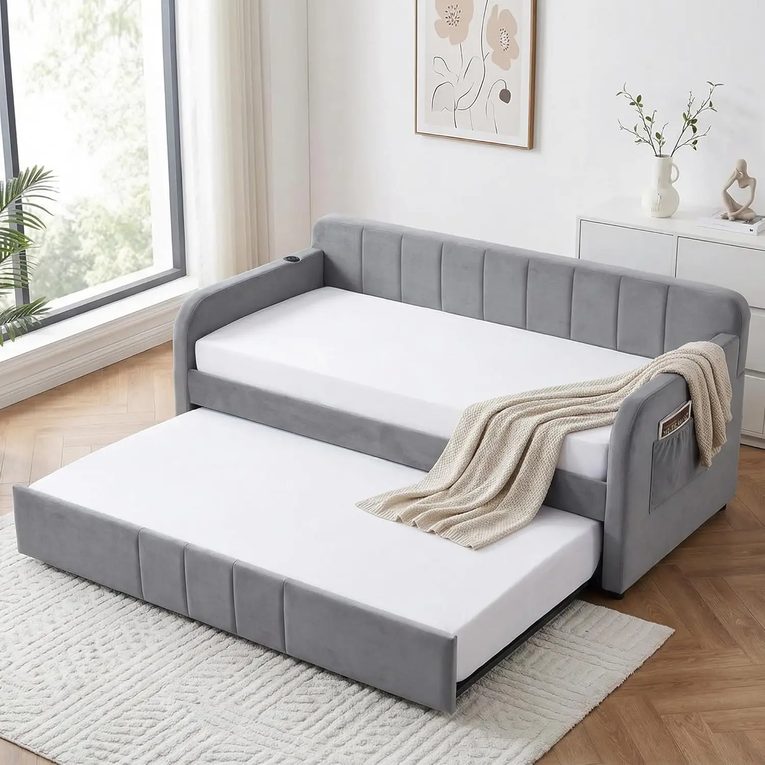 #Twin Size Upholstered Daybed with Pop Trundle Frame Pockets Living Room Bedroom Guest Sofa