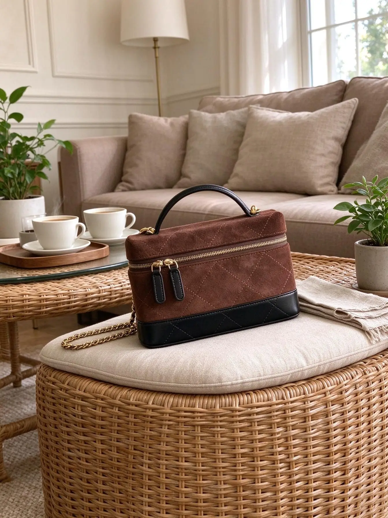 Women Retro Suede Patchwork Cosmetic Box Purse Classic Zipper Design Metal Chain Crossbody Handbag With Top Handle