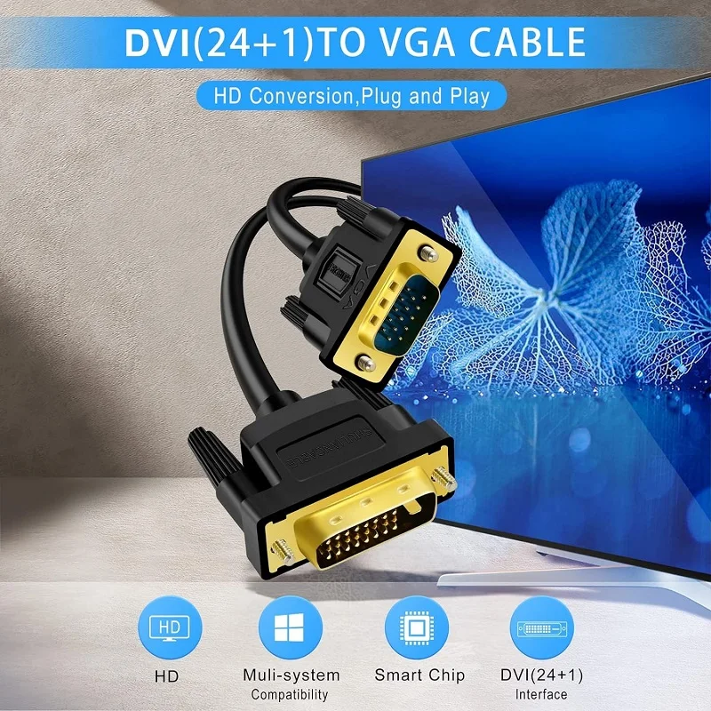 SHULIANCABLE DVI do kabel VGA DVI-D 24 + 1 do kabel adaptera VGA z męskiego na męskie obsługi 1080P Full HD dla Monitor HDTV PC DVD