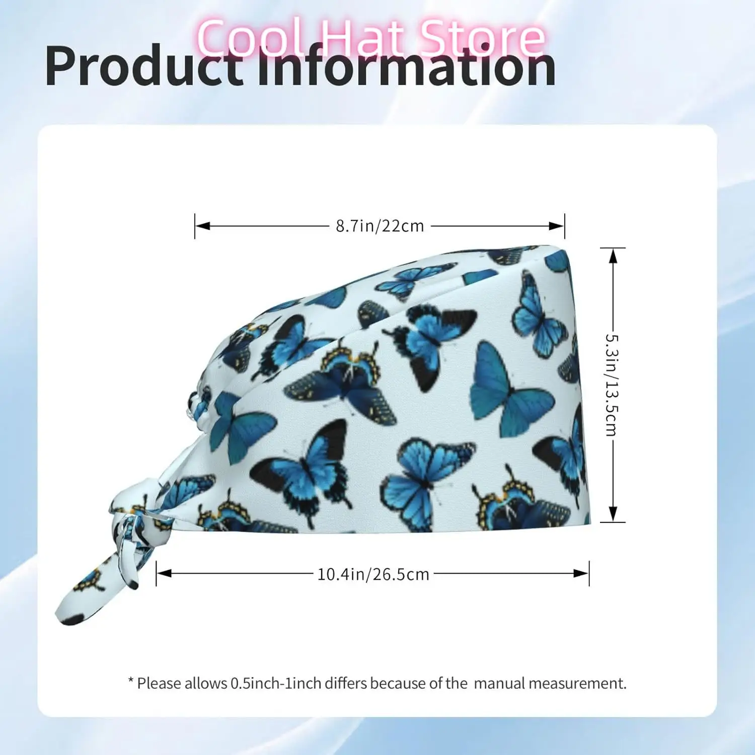 Topi Kerja Kupu-kupu Biru dengan Pita Penahan Keringat Nyaman dan Bernapas Dapat Disesuaikan untuk Topi Scrub Pria Wanita