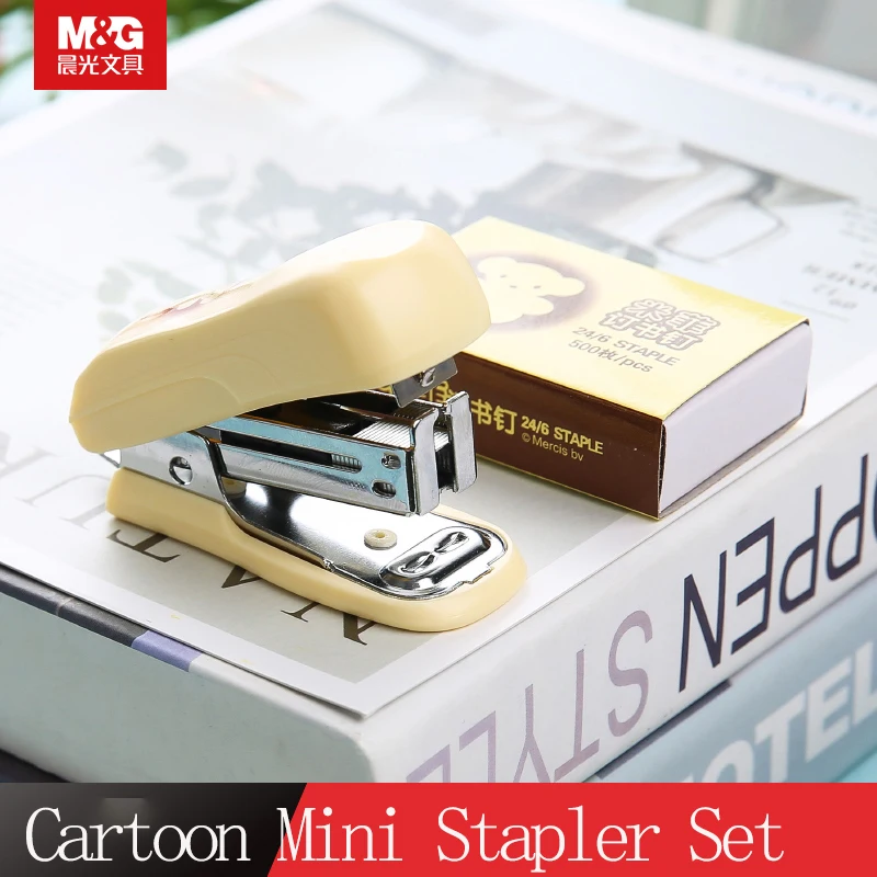 M&G Mini Cartoon Stapler, includes staples, stapler tail with staple remover design, suitable for 24/6 staples, for student and