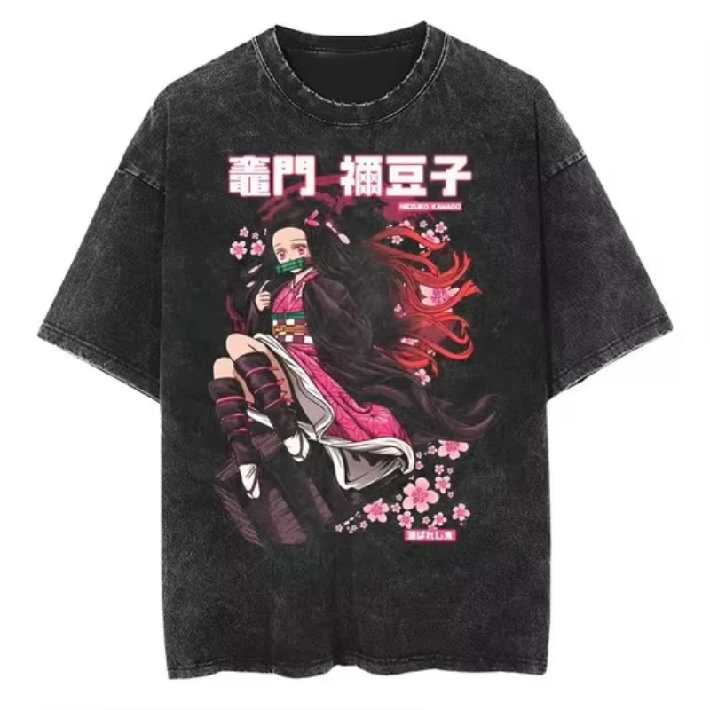 

2026 Hot Oversized Demon Slayer T-Shirt Men Women Short Sleeve Tee Anime Print Washed Streetwear Summer Casual Tops Y2k Clothes