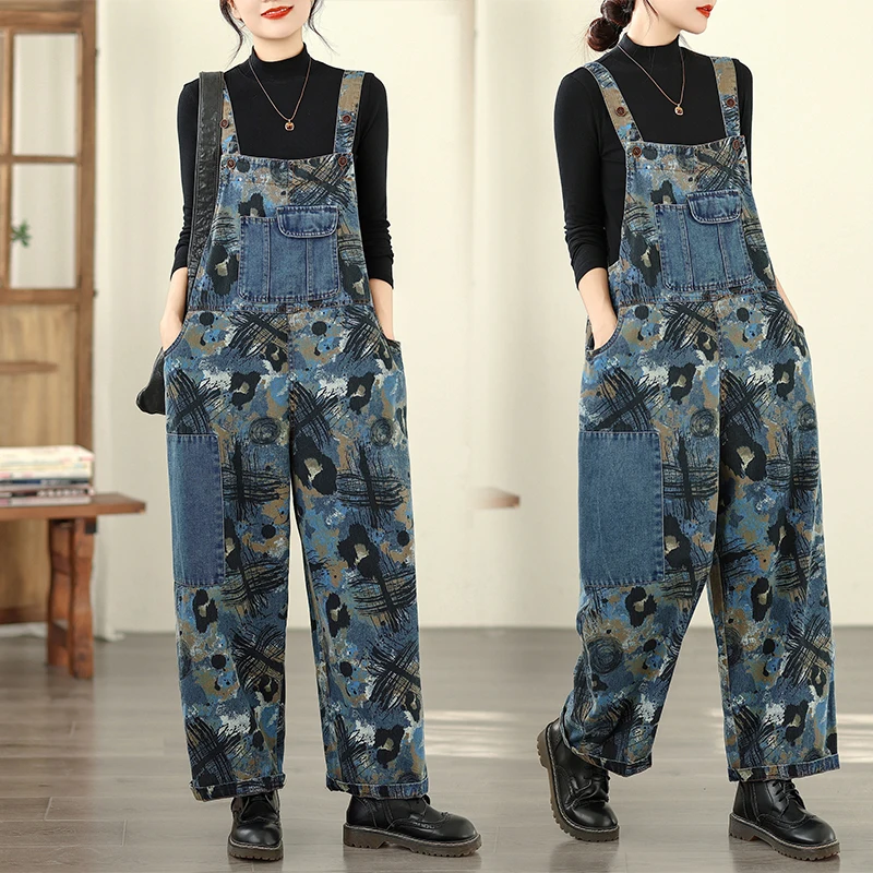 

Faionable Printed Denim Overalls Women's Autumn Loose High Waist Casual Pants plus Size Ele Wide Leg Jumpsuits