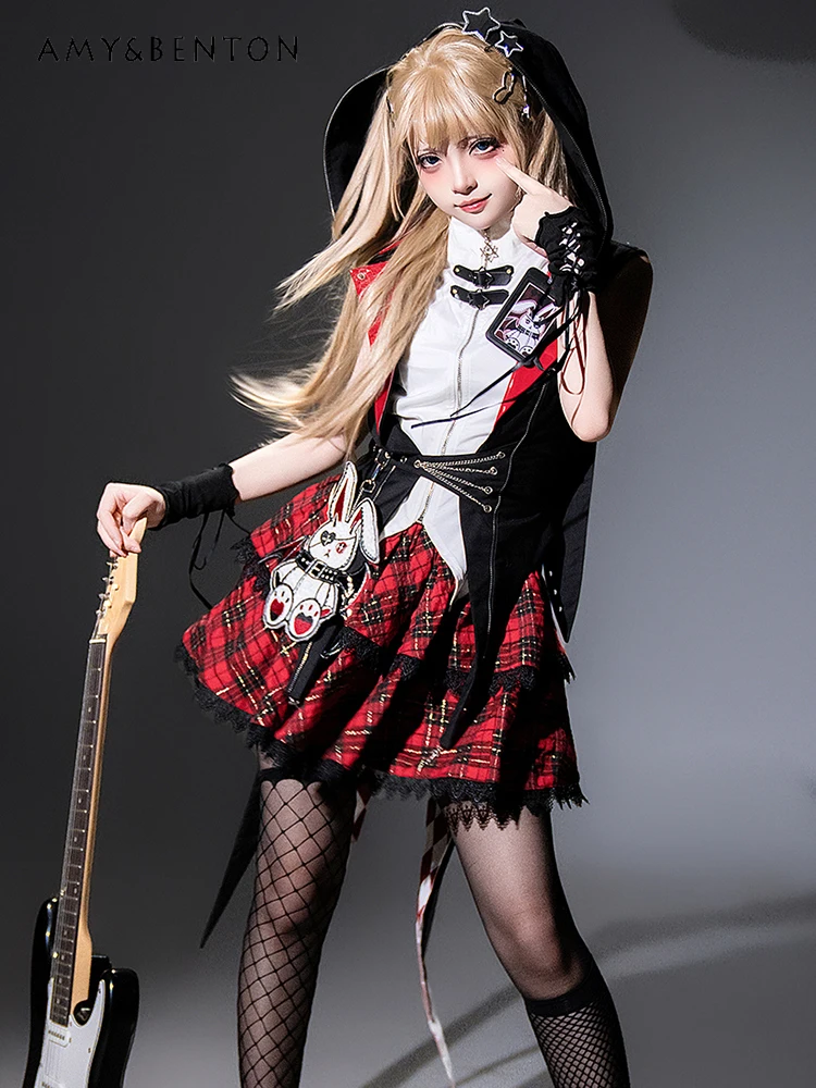 

Subculture Gothic Lolita Suit Sweet Cool Girl Sleeveless Hooded Jacket Top High Waist Slim Plaid Skirt Three-piece Set Women
