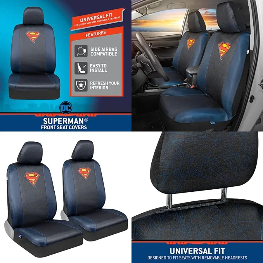 

Warner Bros DC Comics Universal Fit Seat Covers Car Accessories - with Removable Head Cover Matching Seat Belt Pads, Side Airba