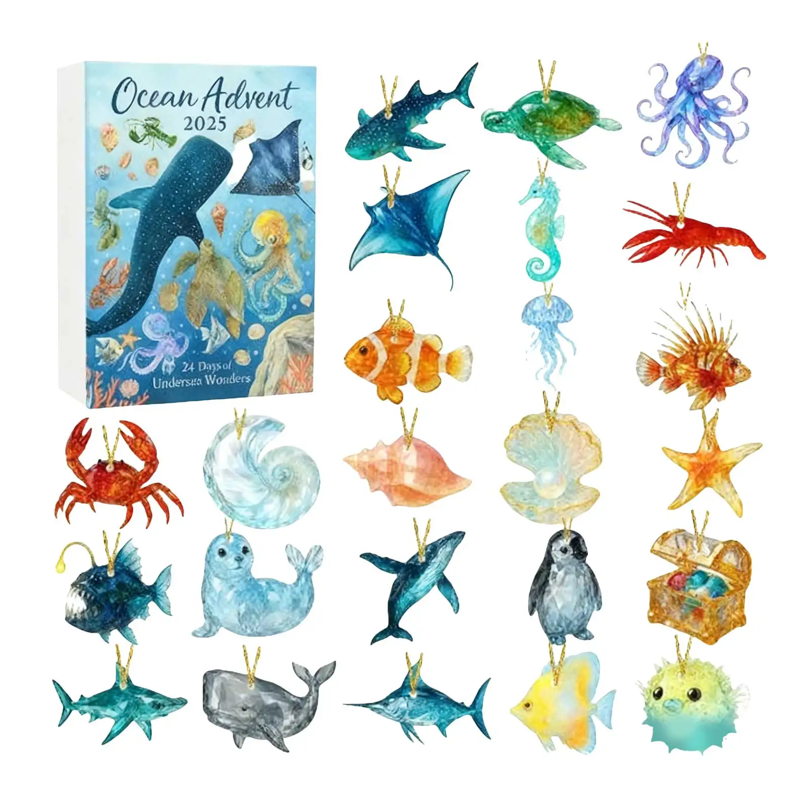 Kalendarz Adwentowy Timer Kids Games 2025 ze szkła morskiego · Ocean 24 dni z motywem oceanu, świąteczne niespodzianki, kalendarz odliczający do świąt z makijażem 2D