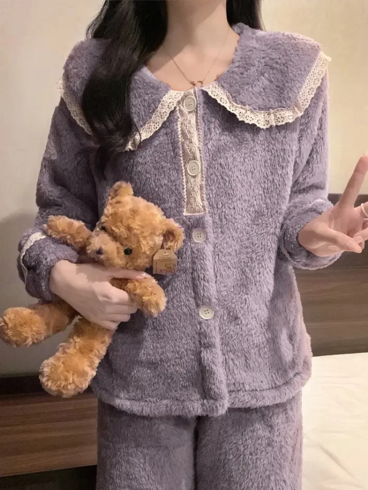 Long Sleeve Cozy Fleece-Lined Women's Pajama Set Soft  Elegant Solid Color Button Detail Loungewear for Fall/Winter