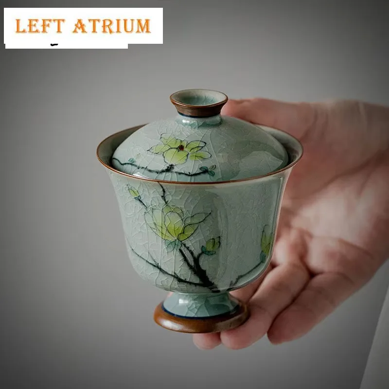 

130 мл Boutique Crackle Glaze Керамическая чайная варенья Чистая ручная роспись Magnolia Art Чайная чашка с высокой ножкой Чайная посуда Gaiwan Kung Fu
